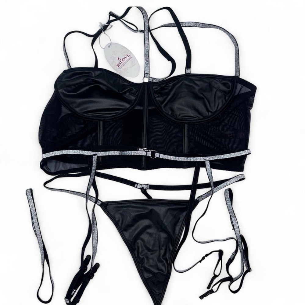 NEW Black 4 Piece Lingerie Set black Silver Metallic size extra extra Large